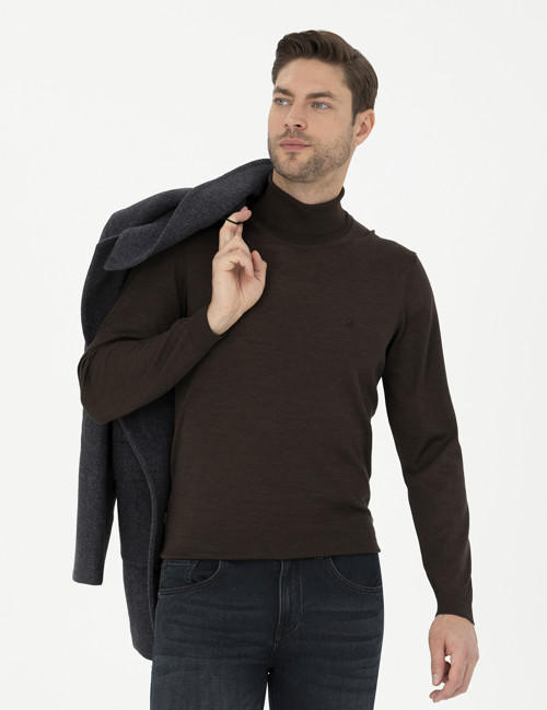 Kahverengi Slim Fit Balıkçı Yaka Yün Karışımlı Basic Triko Kazak 50270052-VR029