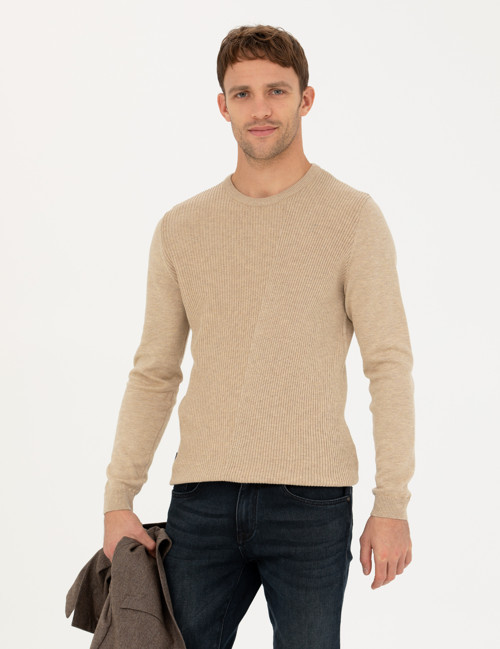 Bej Slim Fit Bisiklet Yaka Triko Kazak 50281823-VR011