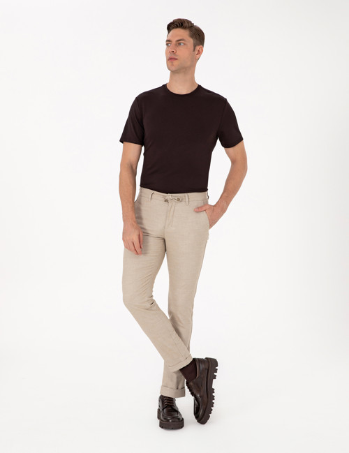 Bej Slim Fit Kordonlu Kanvas Pantolon 50310829-VR011