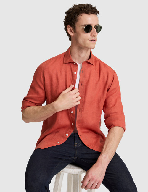 Kiremit Nefes Alan %100 Keten Regular Fit Uzunkollu Gömlek 50320945-VR031