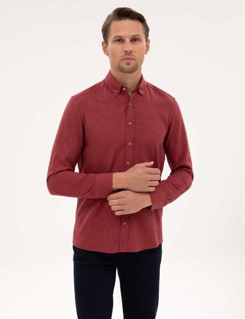 Bordo Flanel Dokulu Slim Fit Uzun Kollu Gömlek 50316751-VR014
