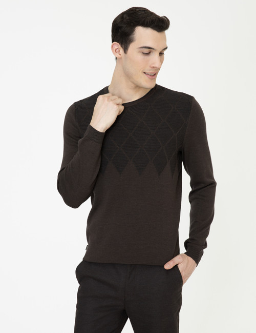 Açık Kahverengi Slim Fit Bisiklet Yaka Triko Kazak 50241457-VR160