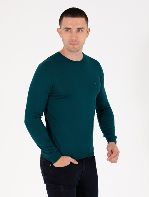 Yeşil Slim Fit Bisiklet Yaka Yün Karışımlı Basic Triko Kazak 50257301-VR054