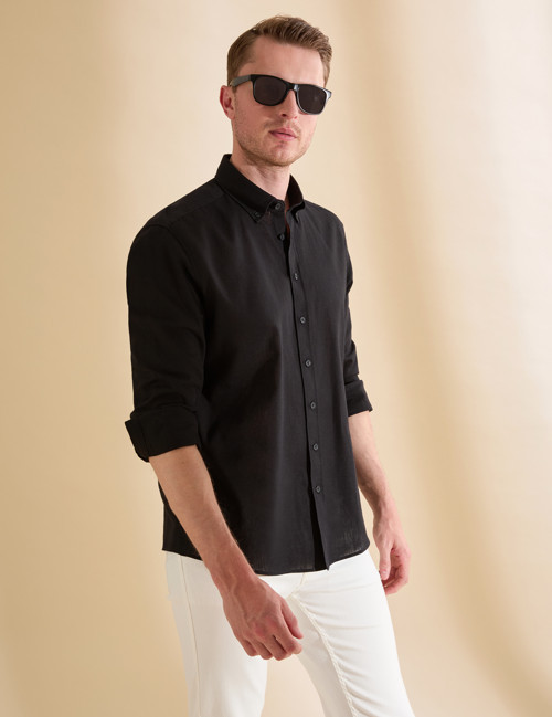 Siyah Keten Karışımlı Regular Fit Uzun Kollu Gömlek 50325356-VR046