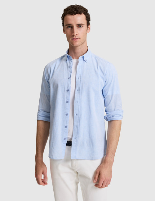 Buz Mavi Keten Karışımlı Regular Fit Uzun Kollu Erkek Gömlek 50325356-VR095