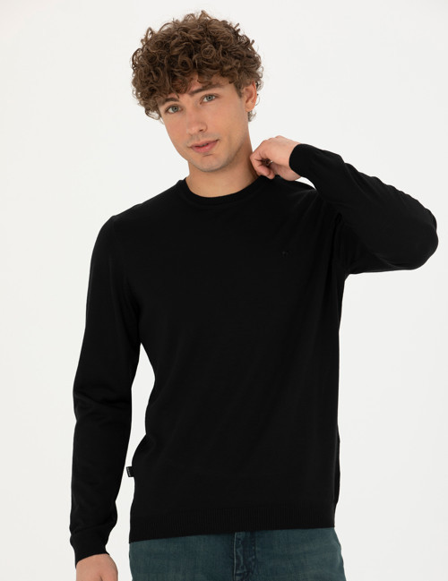 Siyah Slim Fit Bisiklet Yaka Yün Karışımlı Basic Triko Kazak 50270054-VR046