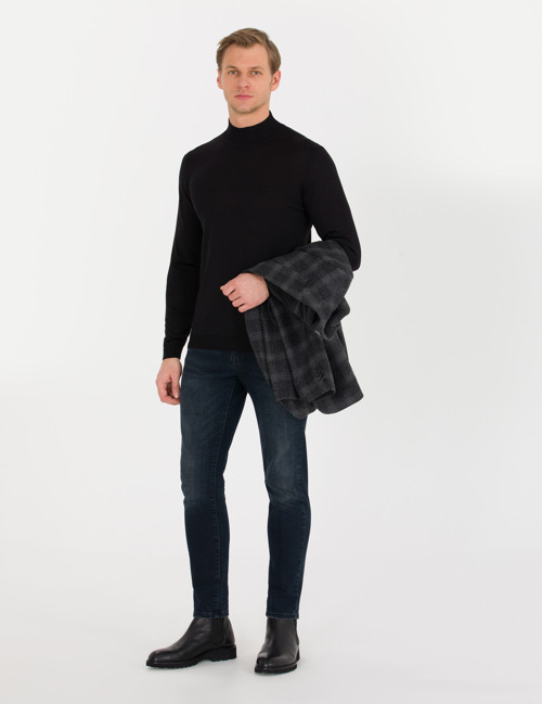 Siyah Slim Fit Yarım Balıkçı Yaka Yün Karışımlı Basic Triko Kazak 50257313-VR046
