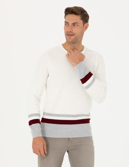 Ekru Slim Fit Bisiklet Yaka Triko Kazak 50278086-VR019