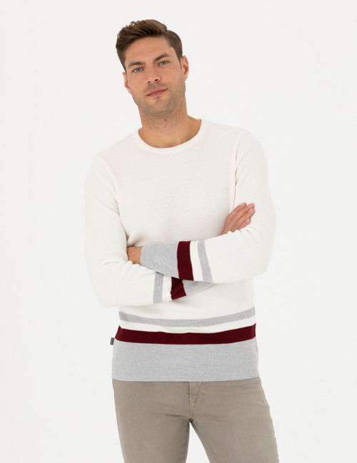 Ekru Slim Fit Bisiklet Yaka Triko Kazak 50278086-VR019