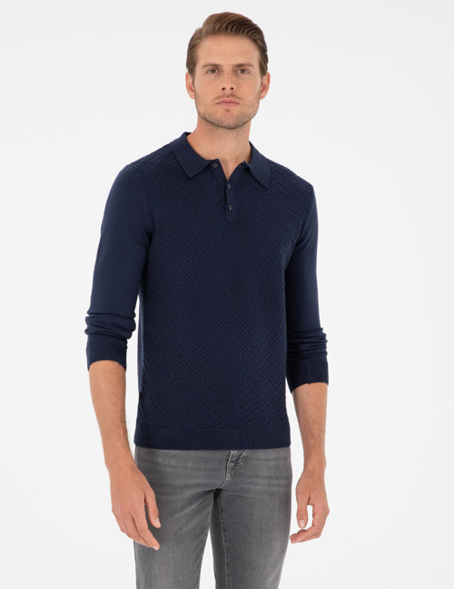Lacivert Slim Fit Düğmeli Polo Yaka Triko Kazak 50300521-VR033