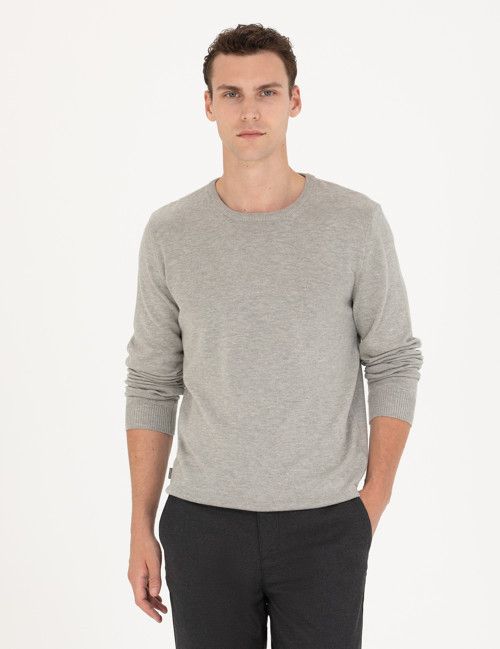 Açık Gri Melanj Slim Fit Bisiklet Yaka Basic Triko Kazak 50270179-VR091