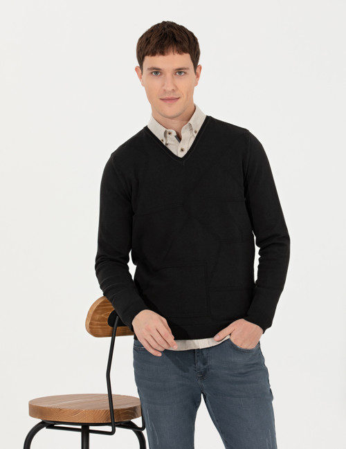 Siyah Slim Fit V Yaka Triko Kazak 50265423-VR046