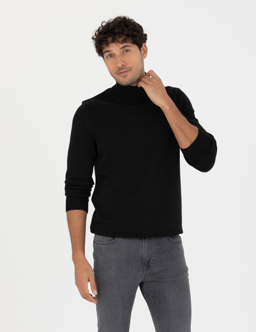 Siyah Slim Fit Balıkçı Yaka Basic Triko Kazak 50276162-VR046