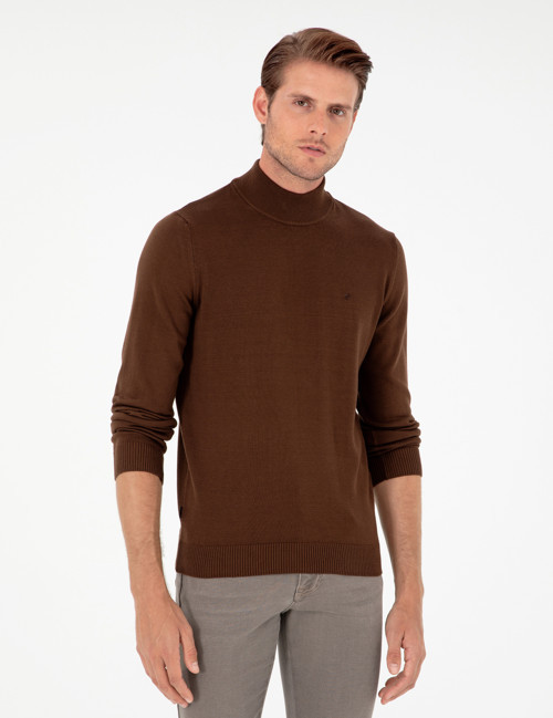 Koyu Kahverengi Slim Fit Yarım Balıkçı Yaka Basic Triko Kazak 50296548-VR084