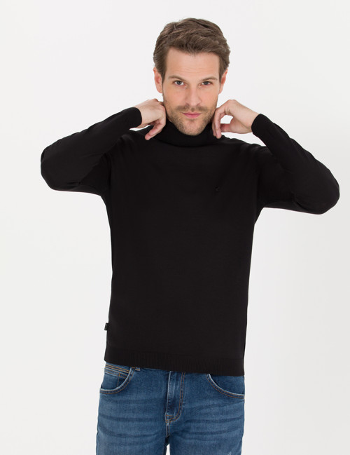 Siyah Slim Fit Balıkçı Yaka Yün Karışımlı Basic Triko Kazak 50257302-VR046