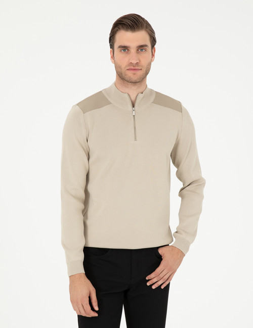 Bej Regular Fit Fermuarlı Dik Yaka Triko Kazak 50296417-VR011