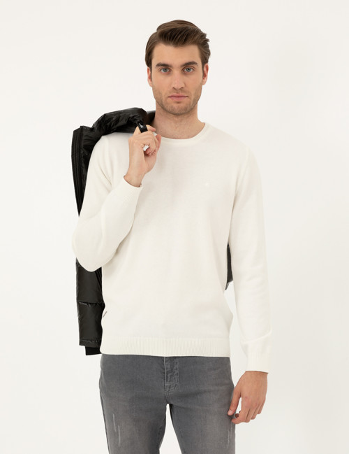 Ekru Slim Fit Bisiklet Yaka Basic Triko Kazak 50296575-VR019
