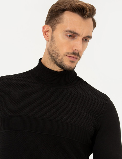 Siyah Slim Fit Balıkçı Yaka Triko Kazak 50265422-VR046