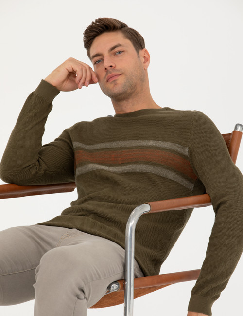 Koyu Haki Slim Fit Bisiklet Yaka Triko Kazak 50278095-VR111