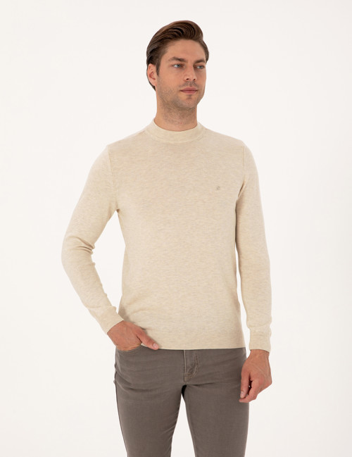 Krem Melanj Slim Fit Çeyrek Yaka Basic Triko Kazak 50314188-VR159