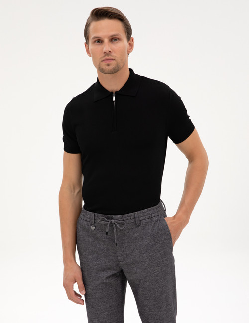 Siyah Slim Fit Fermuarlı Polo Yaka Triko Kazak 50302609-VR046