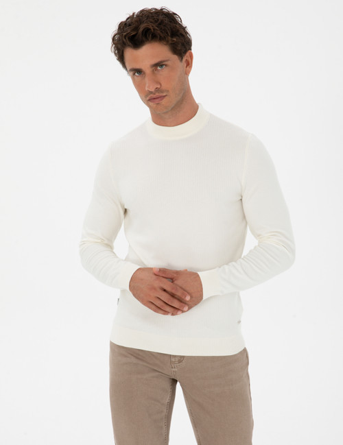 Ekru Slim Fit Çeyrek Yaka Triko Kazak 50315728-VR019