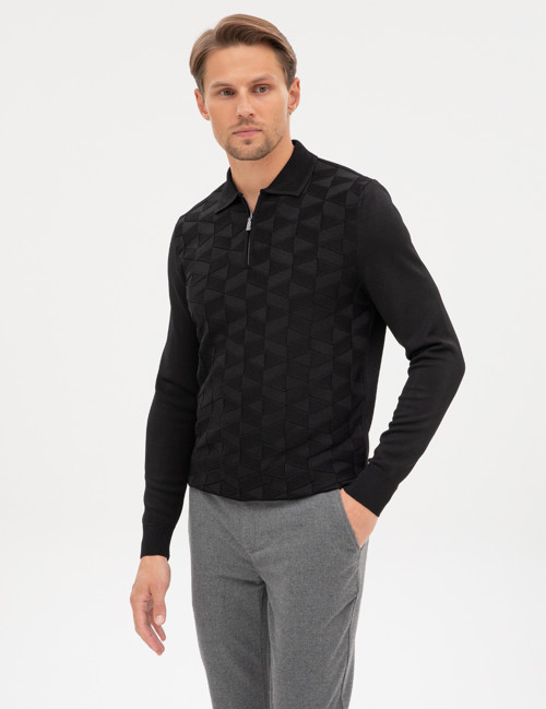 Siyah Slim Fit Polo Yaka Fermuarlı Triko Kazak 50315688-VR046