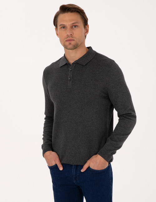Antrasit Melanj Slim Fit Polo Yaka Düğmeli Triko Kazak 50318036-VR081