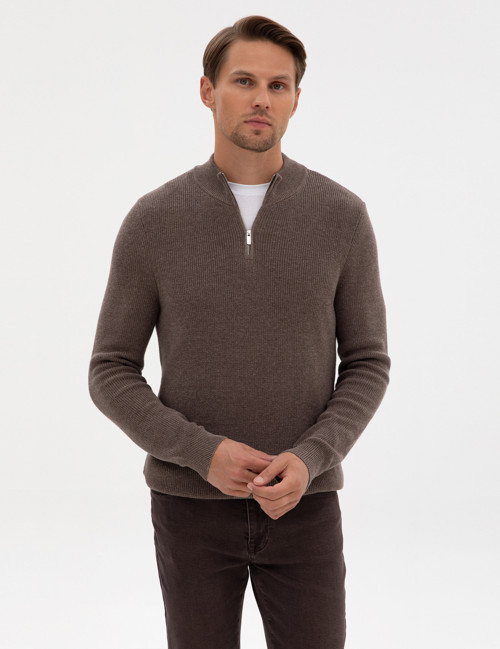Vizon Melanj Slim Fit Dik Yaka Fermuarlı Triko Kazak 50317363-VR174