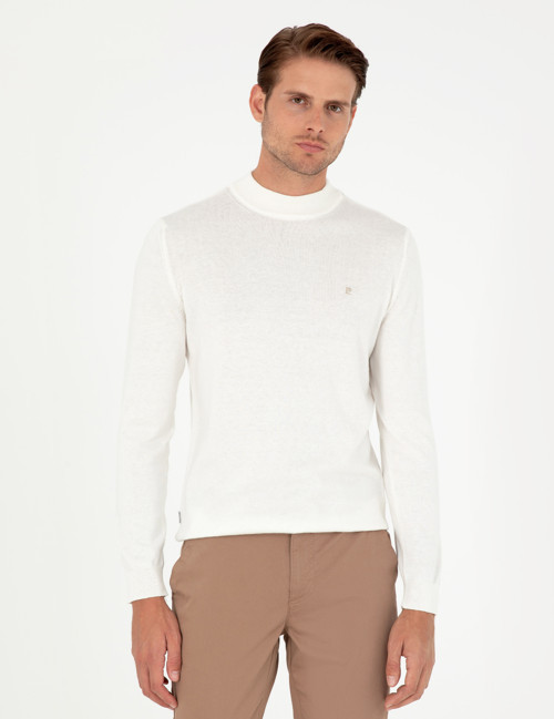 Ekru Slim Fit Çeyrek Yaka Basic Triko Kazak 50296613-VR019