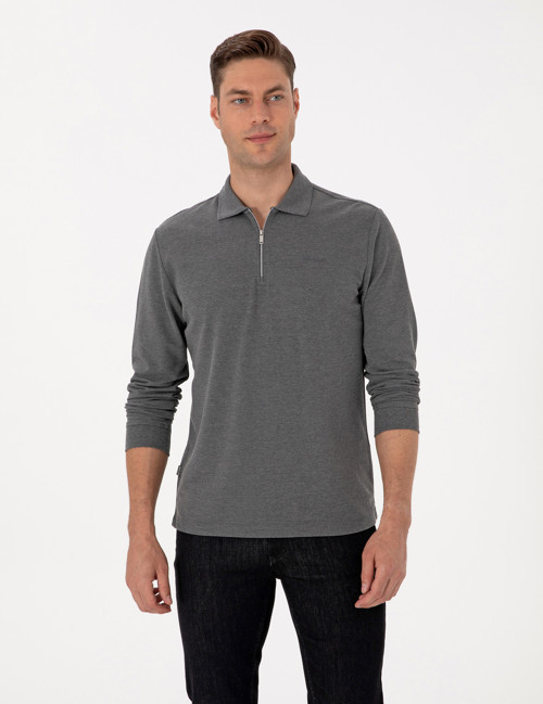 Antrasit Melanj Slim Fit Kıvrılmaz Fermuarlı Polo Yaka Basic Pike Sweatshirt 50314046-VR081