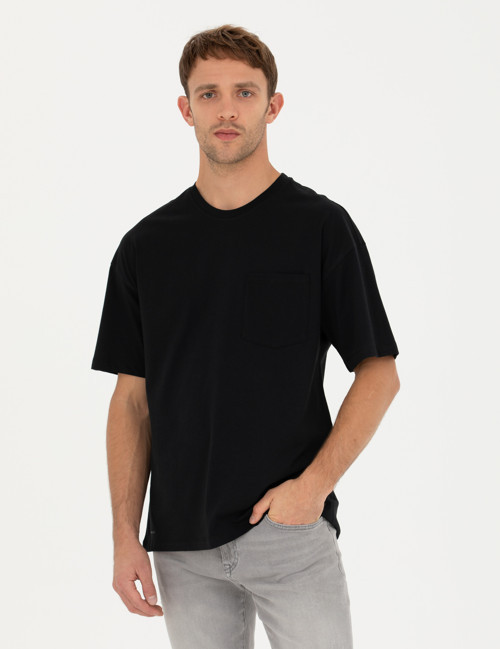 Siyah Comfort Fit %100 Pamuk Bisiklet Yaka Tişört 50289362-VR046