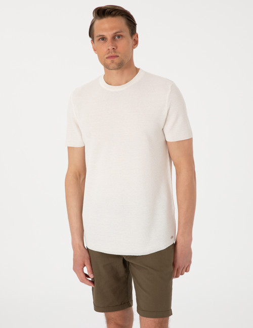 Ekru Slim Fit Keten Karışımlı Bisiklet Yaka Triko Tişört 50305973-VR019
