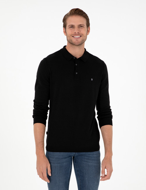 Siyah Slim Fit Polo Yaka Basic Triko Kazak 50296623-VR046