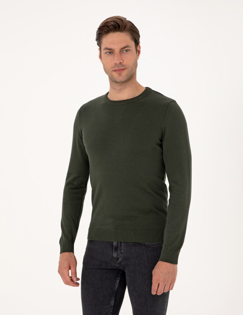 Koyu Haki Slim Fit Bisiklet Yaka Basic Triko Kazak 50315509-VR111
