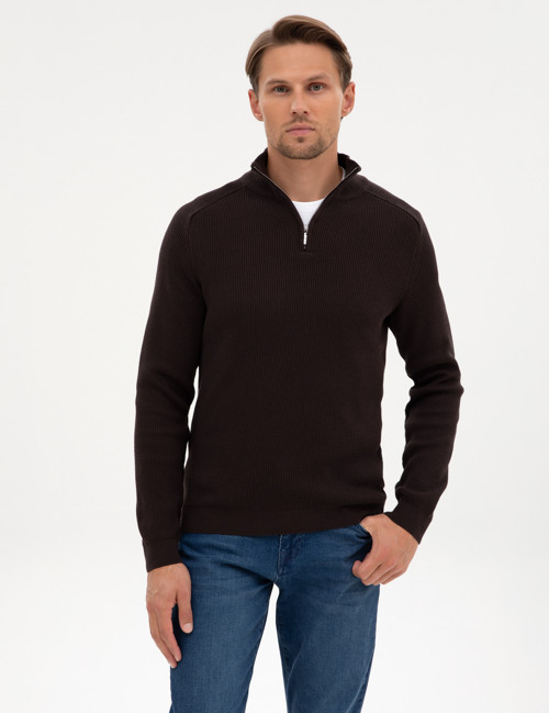 Koyu Kahverengi Slim Fit Dik Yaka Fermuarlı Triko Kazak 50315732-VR084