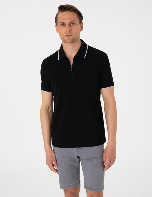 Siyah Slim Fit %100 Pamuk Fermuarlı Polo Yaka Tişört 50307516-VR046