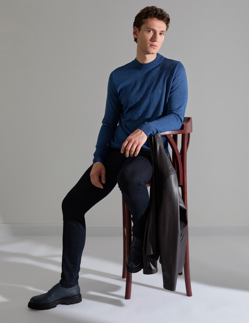 İndigo Melanj Slim Fit Çeyrek Yaka Basic Triko Kazak 50314188-VR155
