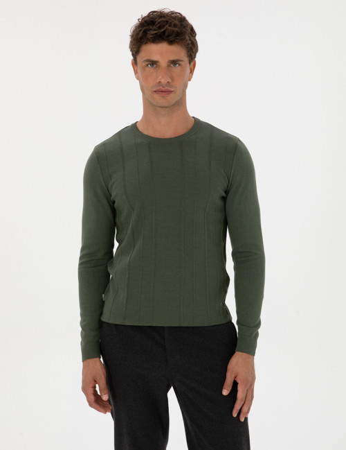 Koyu Haki Slim Fit Bisiklet Yaka Triko Kazak 50315584-VR111