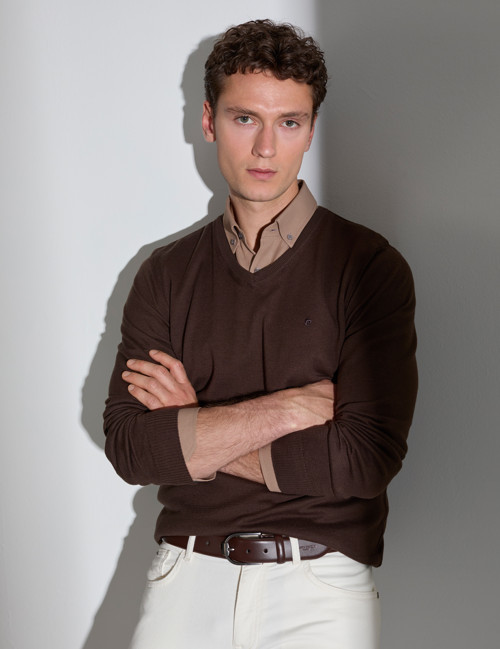 Kahverengi Slim Fit V Yaka Basic Triko Kazak 50314190-VR029