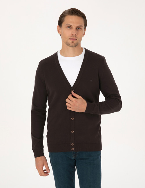 Koyu Kahverengi Slim Fit Basic Düğmeli Triko Hırka 50317330-VR084