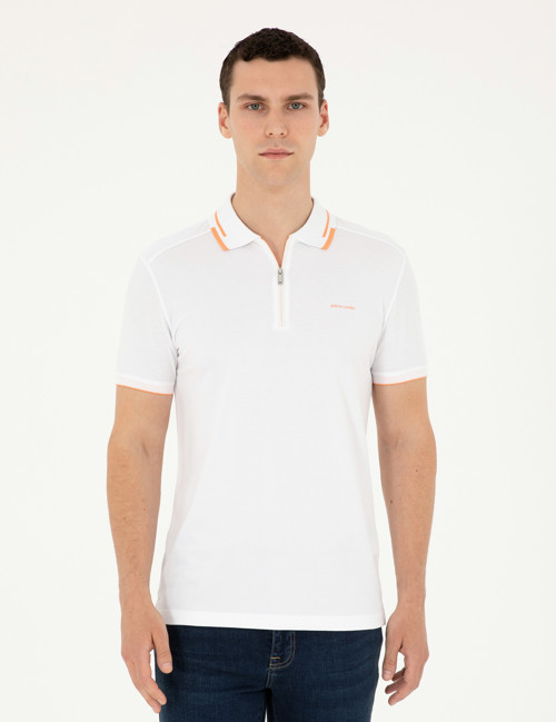 Beyaz Slim Fit Fermuarlı Polo Yaka Tişört 50284317-VR013
