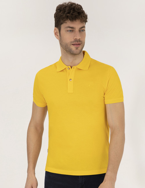Sarı Slim Fit %100 Pamuk Düğmeli Polo Yaka Merserize Basic Tişört 50262665-VR044