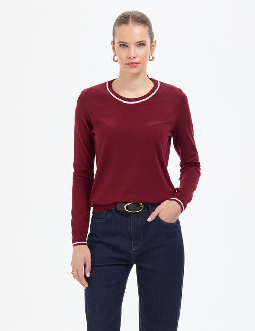 Vişne Slim Fit Çizgi Detaylı Basic Kazak 50315910-VR223