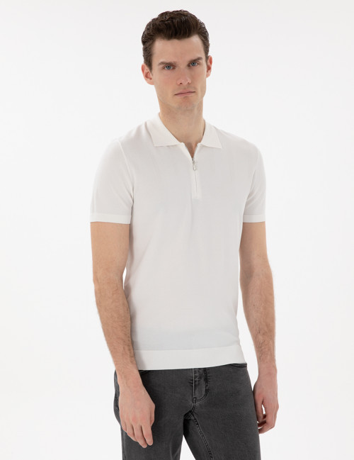 Ekru Slim Fit Fermuarlı Polo Yaka Triko Tişört 50305984-VR019