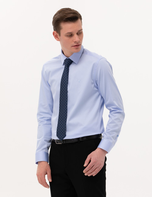 Koyu Mavi %100 Pamuk Parlak Saten Slim Fit Uzun Kollu Basic Gömlek 50268201-VR032
