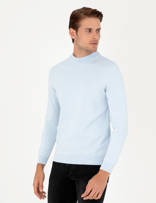 Açık Mavi Slim Fit Çeyrek Yaka Basic Triko Kazak 50296564-VR003