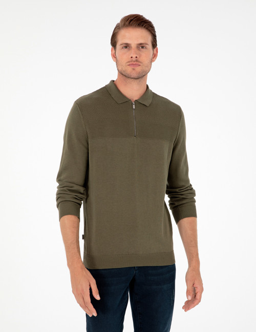 Koyu Haki Slim Fit Fermuarlı Polo Yaka Triko Kazak 50300542-VR111