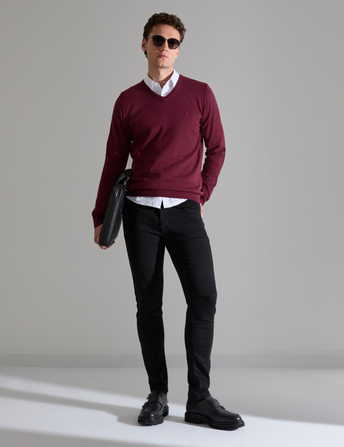Koyu Bordo Slim Fit V Yaka Basic Triko Kazak 50314190-VR175