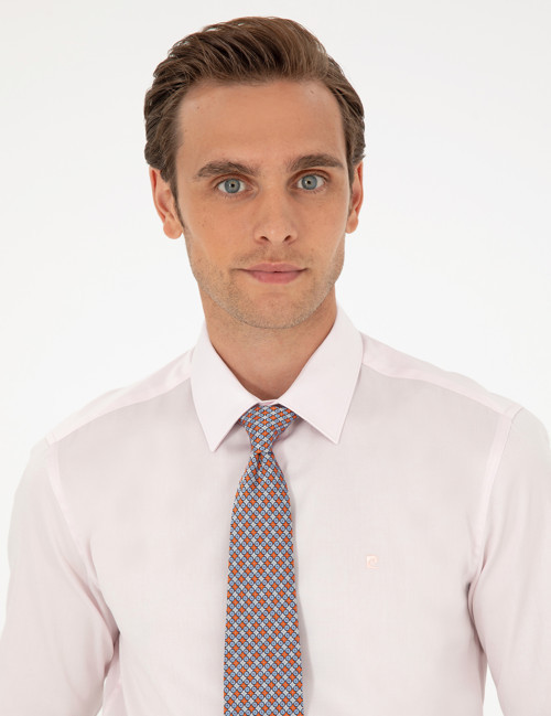 Açık Pembe %100 Pamuk Parlak Saten Slim Fit Uzun Kollu Basic Gömlek 50292520-VR078